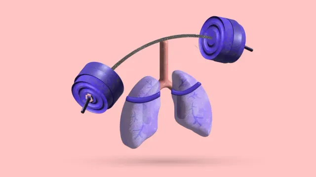 A 3D pair of lungs with a loaded barbell resting across the windpipe