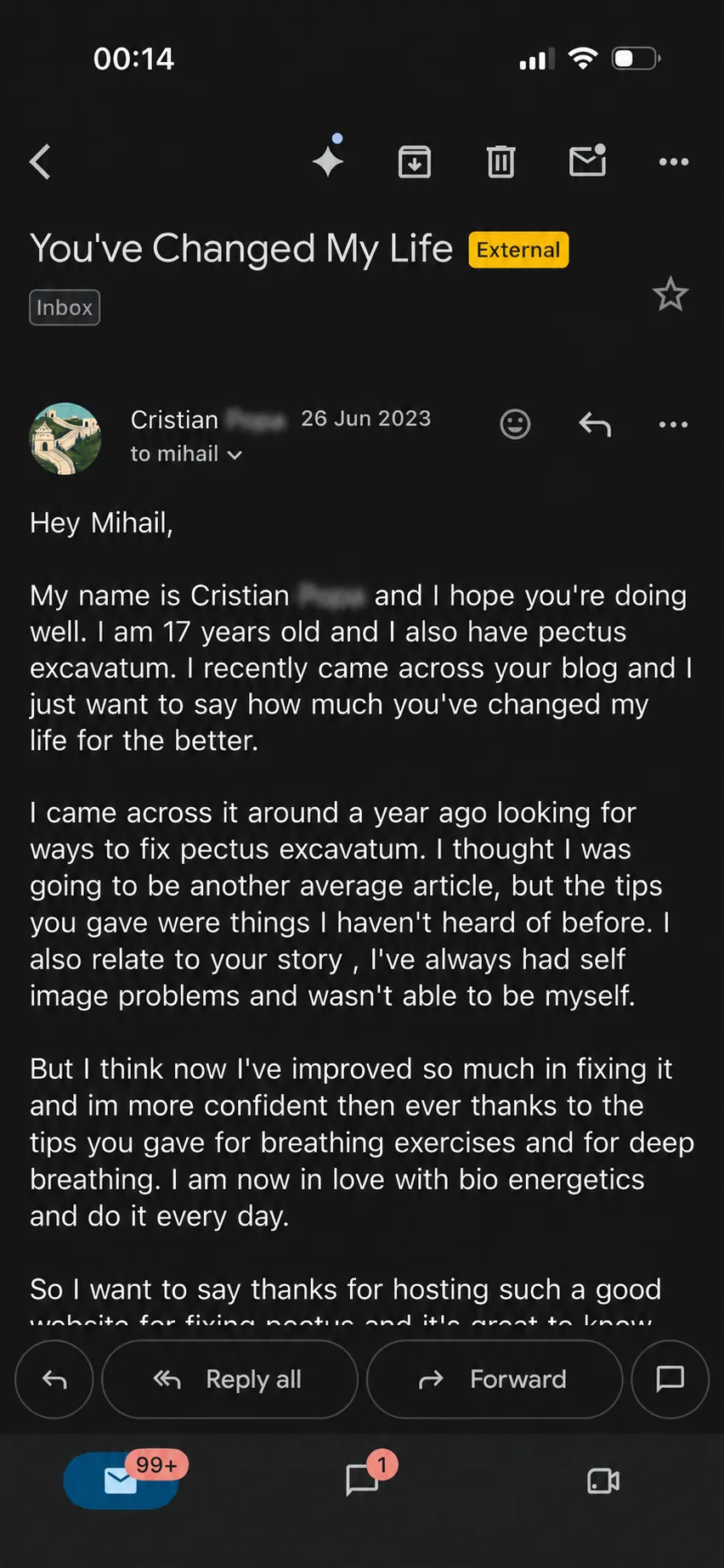 Email titled "You've Changed My Life" from Cristian, a 17-year-old in the USA with pectus excavatum, on the breathing protocol