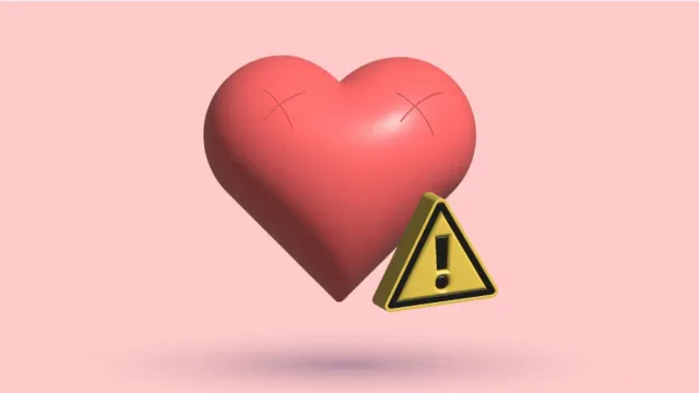 A 3D heart with crossed-out eyes beside a yellow warning triangle