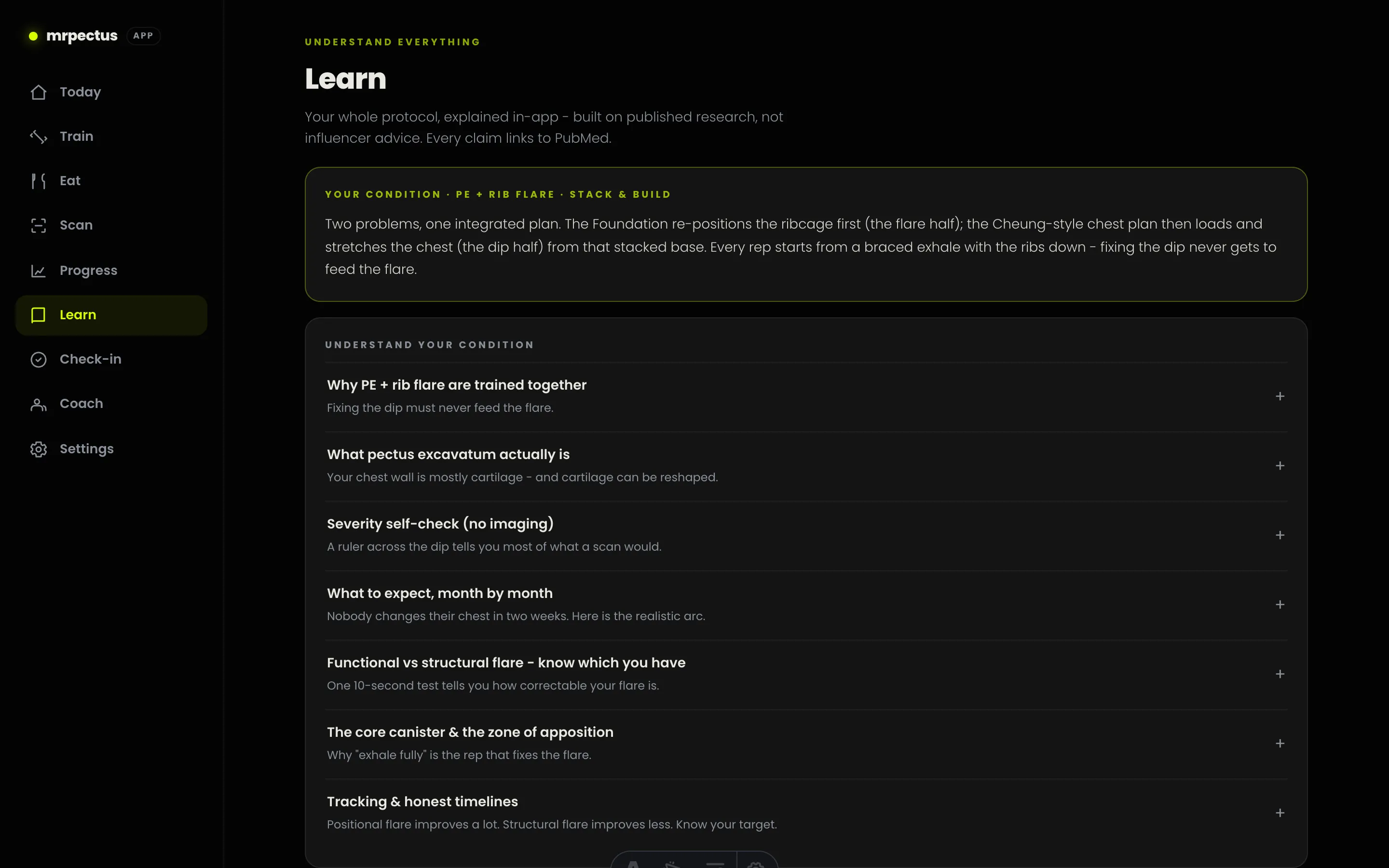 The Learn screen of the mrpectus app