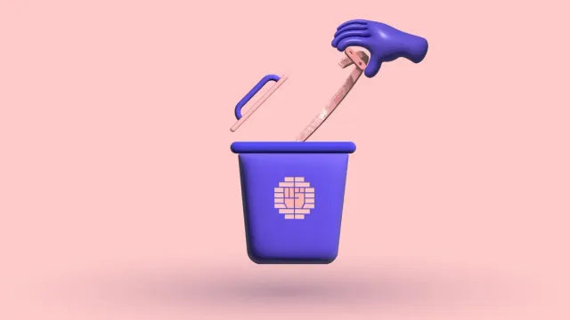 A 3D gloved hand dropping a Nuss bar into a waste bin