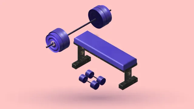 A 3D weight bench in blue with a loaded barbell and dumbbells around it