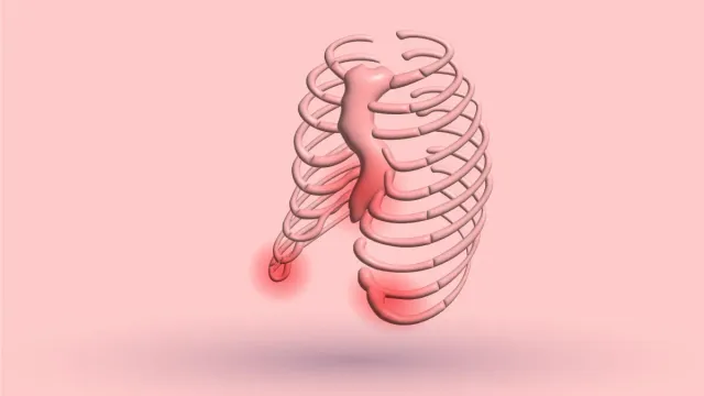 A 3D rib cage with the lower ribs glowing red where the pain sits