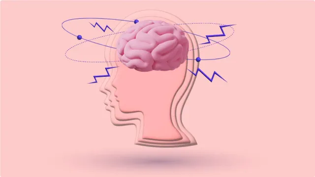 A 3D head in profile, the brain exposed and ringed by orbiting lines and lightning bolts