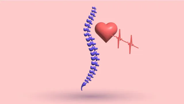 A 3D spine beside a heart trailing an ECG trace