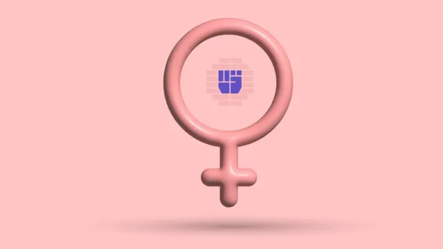 A 3D female symbol in pink with a pixel-art chest inside the ring